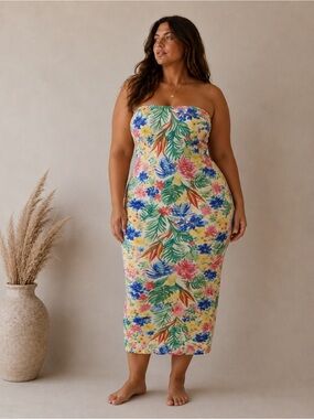 Floral Strapless Bodycon tropical floral Dress fit XL